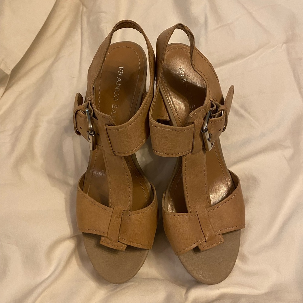 Franco Sarto Women’s Tan Block Heel Sandals Size 8.5 Leather and Cork Boho